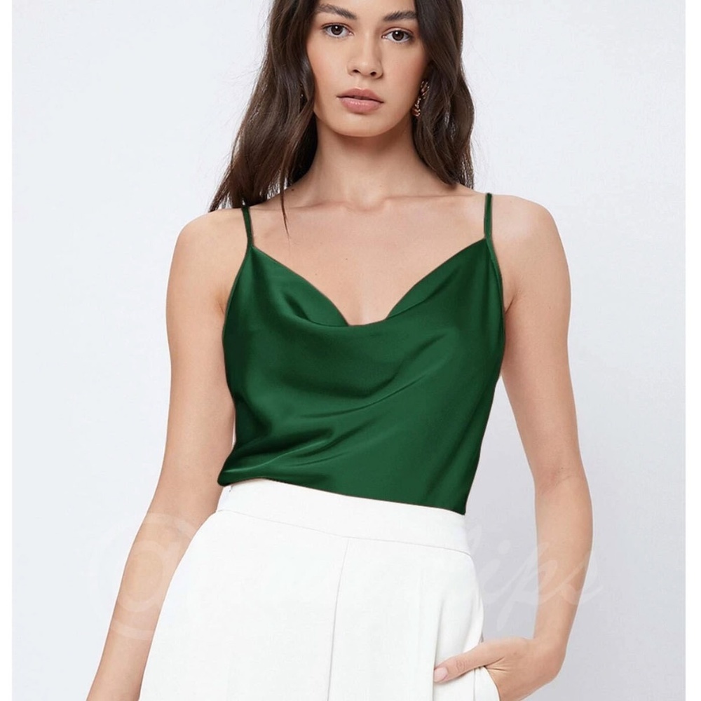 Green Glamorous Cowl Neck Spaghetti Straps Camisole Top Cami, Draped
